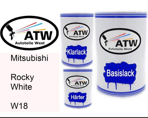 Mitsubishi, Rocky White, W18: 500ml Lackdose + 500ml Klarlack + 250ml Härter - Set, von ATW Autoteile West.